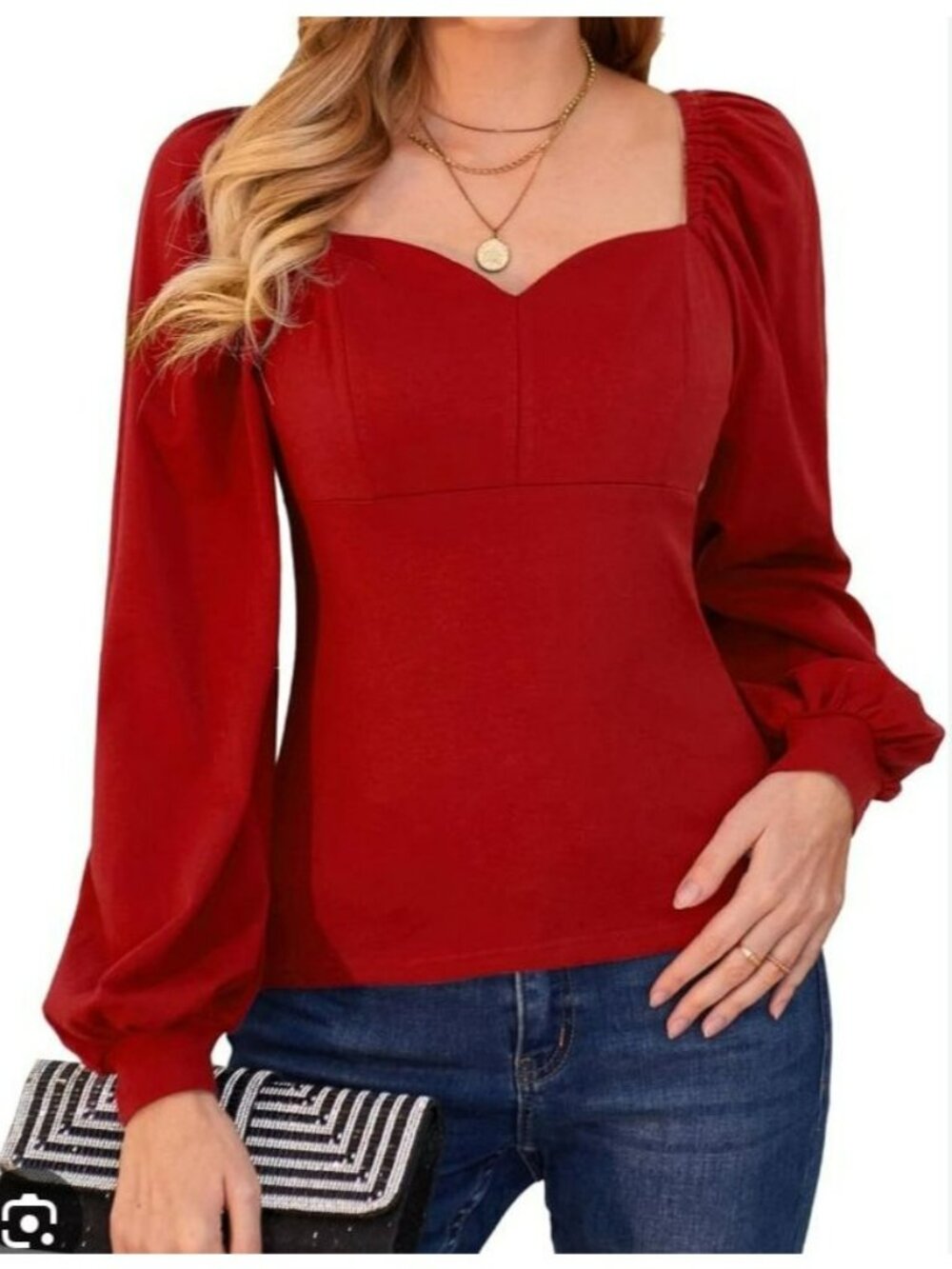 NWT Grace Karin Womens Red Long-Sleeve Square Neck Blouse Size M